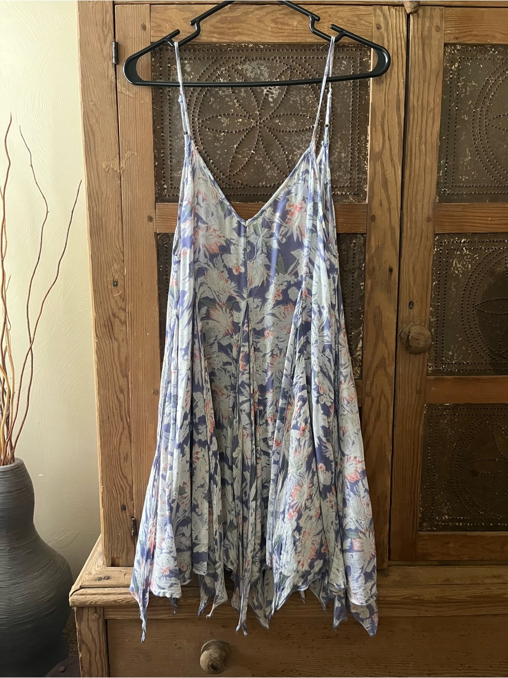 Lavender-Blue Floral Asymmetrical Slip Dress with Handkerchief Hem